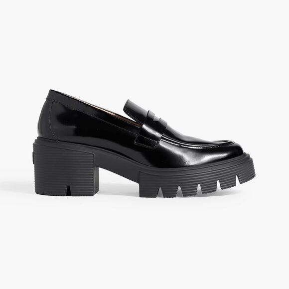 STUART WEITZMAN SOHO BLACK PATENT LEATHER CHUNKY PLATFORM PENNY LOAFERS 8.5 - Picture 1 of 13